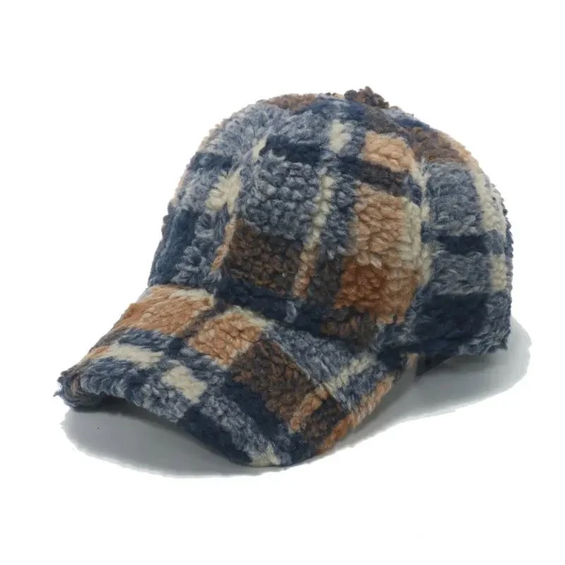 Fall Winter Plaid Visor Baseball Cap Faux Fur Warm Trucker Hats for Men Women Outdoor Cold Weather Adjustable