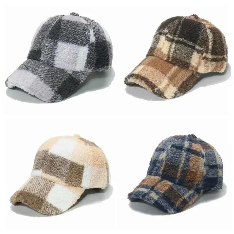Fall Winter Plaid Visor Baseball Cap Faux Fur Warm Trucker Hats for Men Women Outdoor Cold Weather Adjustable
